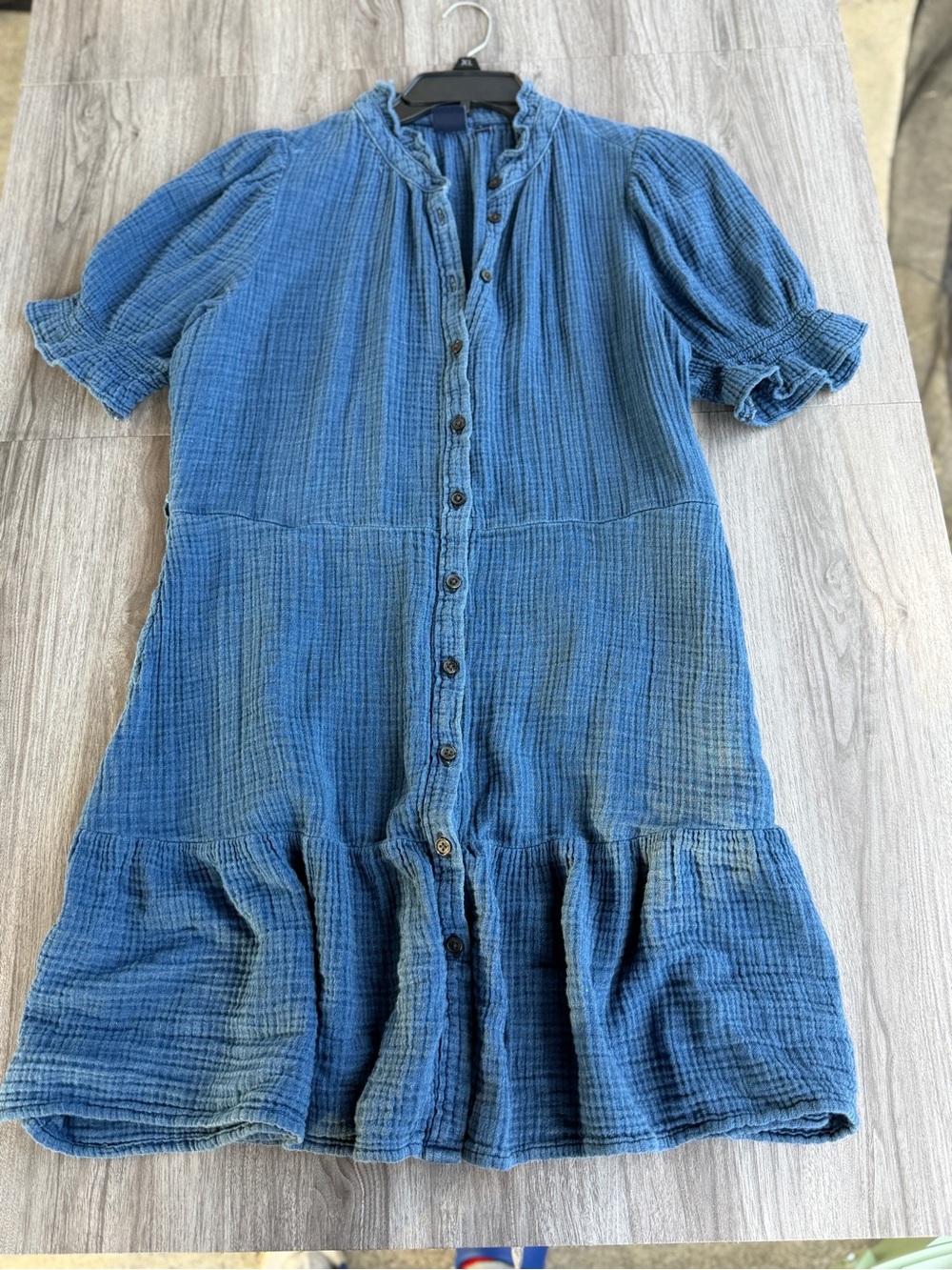 GAP Blue Crinkle Cotton Double Gauze Ruffle Button Front Mini Dress Sz Medium - Picture 2 of 13